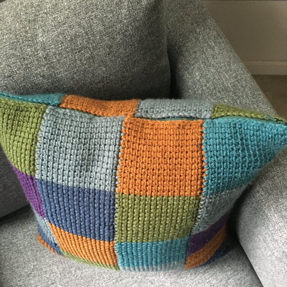 Handmade Tunisian Crocheted Multi-Colored Square Checkerboard Accent Pillow - Picture 5 of 16